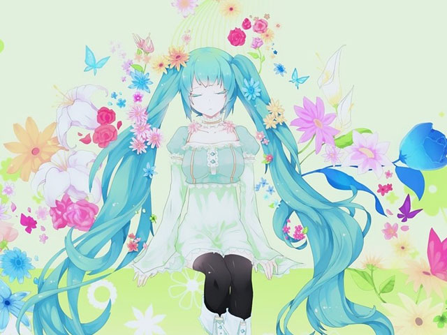 たくさんの花や蝶とミクの可愛いボカロ壁紙画像