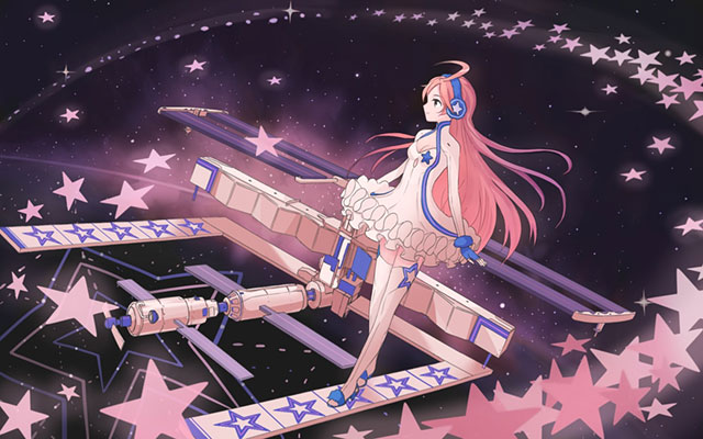 星と宇宙ステーションとMIKIの可愛いイラスト壁紙