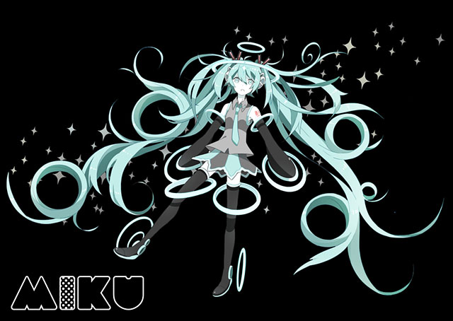 たくさんのリングをデザインした初音ミクの黒背景の壁紙画像