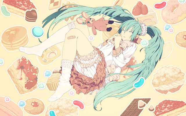 ショートケーキやドーナツなどのスイーツとミクのカワイイ壁紙画像