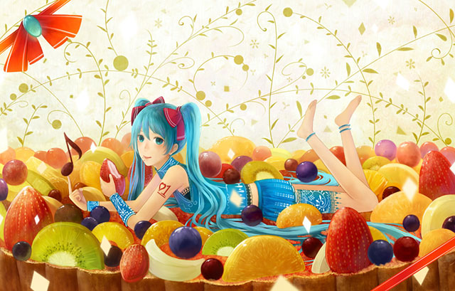 フルーツタルトの上の初音ミクのスイーツイラスト