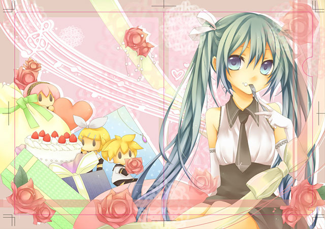 スイーツと薔薇と初音ミクのイラスト壁紙画像