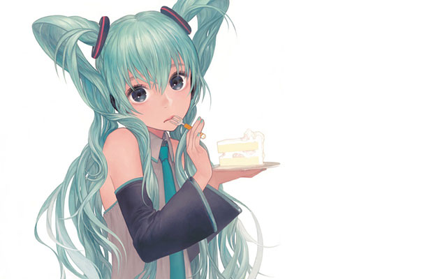 きょとんとした表情でショートケーキを食べるミクのイラスト壁紙画像