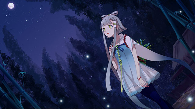 竹林で夜空を見上げるLuoと飛び交う蛍の綺麗なイラスト壁紙
