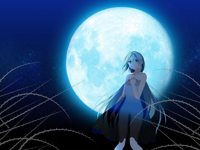 ぼんやりと輝く巨大な月とドレス姿の初音ミクの幻想的なイラスト壁紙画像