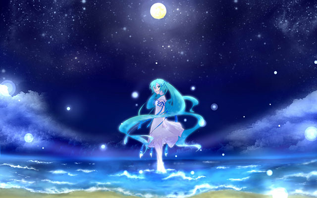 初音ミク 夜空の月とミクの綺麗なイラスト画像 ボカロ壁紙