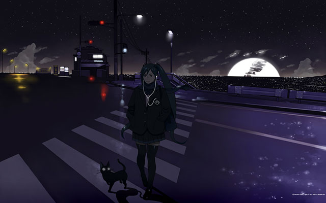 夜の横断歩道を黒猫と一緒に渡る初音ミクの可愛いイラスト壁紙画像