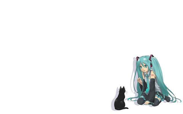 見つめ合う初音ミクと黒猫をシンプルな白背景で描いた可愛いイラスト壁紙画像