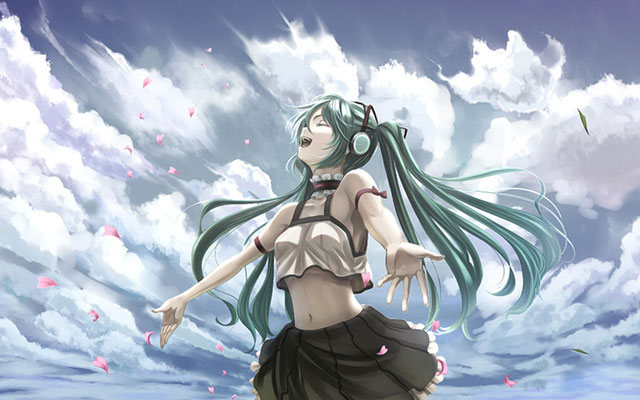 大空をバックに気持ち良さそうに歌う初音ミクの可愛いイラスト壁紙画像