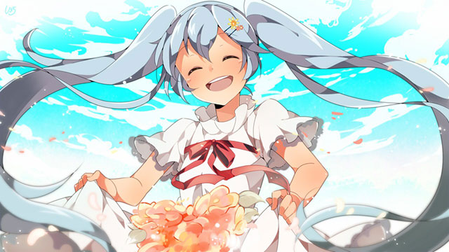 花をドレスで集めて楽しそうな笑顔をしている初音ミクの可愛いイラスト壁紙画像