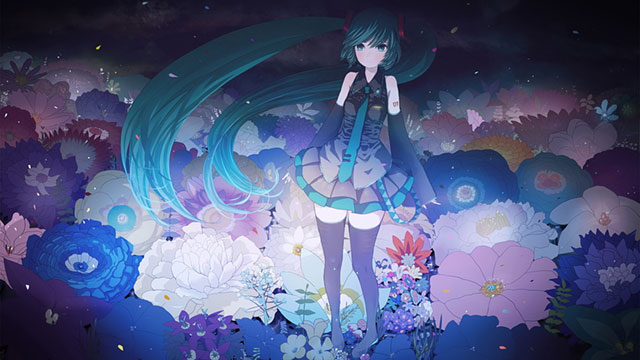 たくさんの大きな花と初音ミクの幻想的で綺麗なイラスト壁紙画像