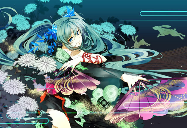 扇子と菊の花とウサギをデザインした初音ミクの和風イラスト壁紙画像