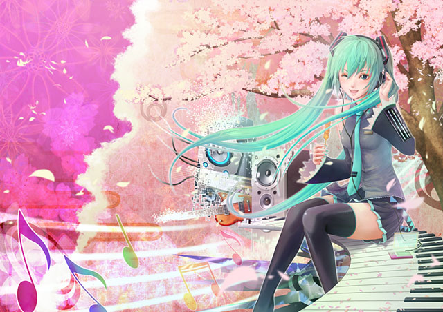 初音ミク 桜の花とミクの可愛いイラスト画像 ボカロ壁紙