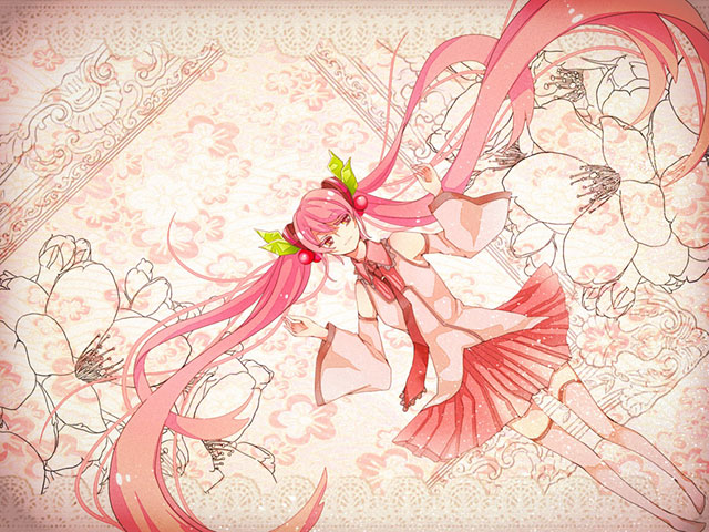 桜の花とサクラミクをデザインした可愛いイラスト壁紙画像