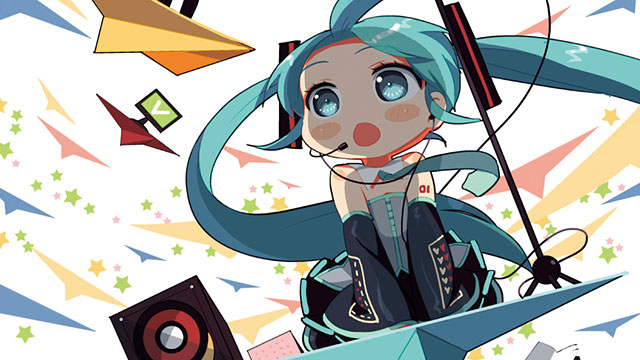 紙飛行機に乗ったデフォルメした初音ミクの可愛いイラスト壁紙画像