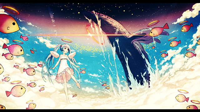 雲の上の初音ミクとクジラのファンタジーなイラスト壁紙画像