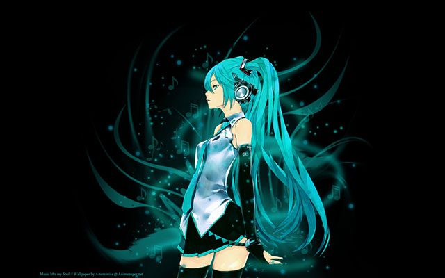 黒背景に初音ミクの横顔に描いたかっこいいイラスト壁紙画像