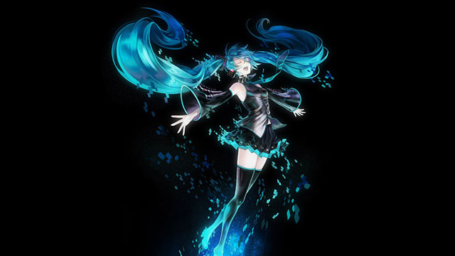 光の中で踊る初音ミクのシンプルな黒背景のイラスト壁紙画像