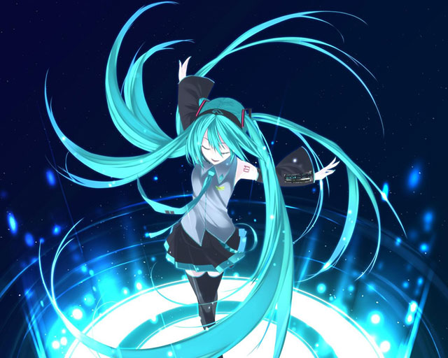 下から光を受けるサイバー空間の初音ミクの綺麗なイラスト壁紙画像