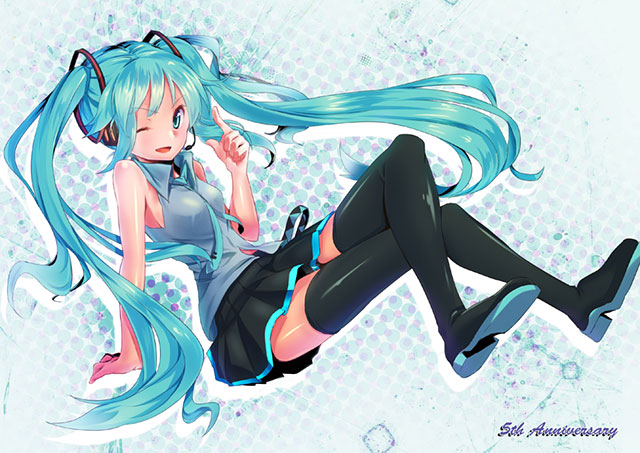 綺麗な青ドットの背景と初音ミクの可愛いボカロイラスト壁紙画像