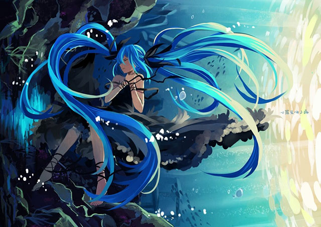 海中で苦しそうな初音ミクの綺麗なボカロイラスト壁紙画像