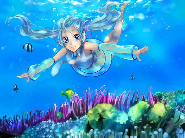 初音ミク 海中のミクの美しいイラスト画像 ボカロ壁紙