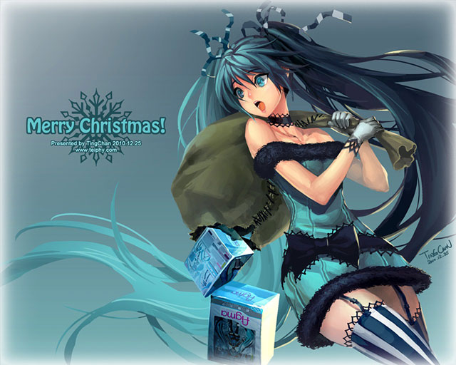 破れたプレゼント袋からおもちゃが溢れた初音ミクのイラスト壁紙画像
