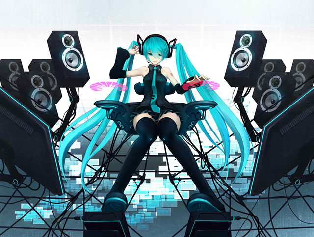 モニターやスピーカーに囲まれた初音ミクのかっこいいイラスト壁紙画像