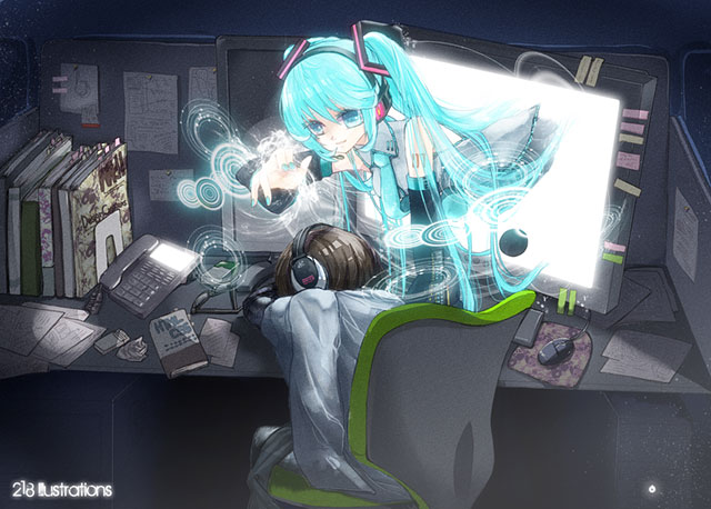 初音ミク Pcやモニターとミクのイラスト画像 ボカロ壁紙