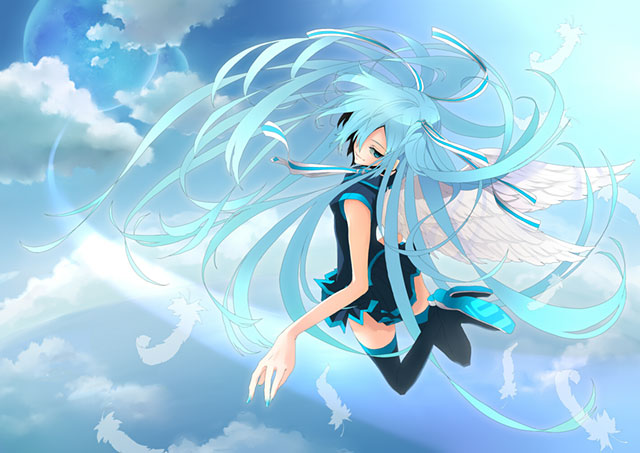 大空を羽ばたく翼を持った初音ミクのかっこいいイラスト壁紙画像