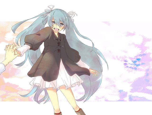 楽しそうに手をつなぐ私服の初音ミクを描いた可愛いイラスト壁紙画像