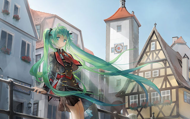 ヨーロッパの街並みと初音ミクの美しい水彩塗りのイラスト壁紙画像